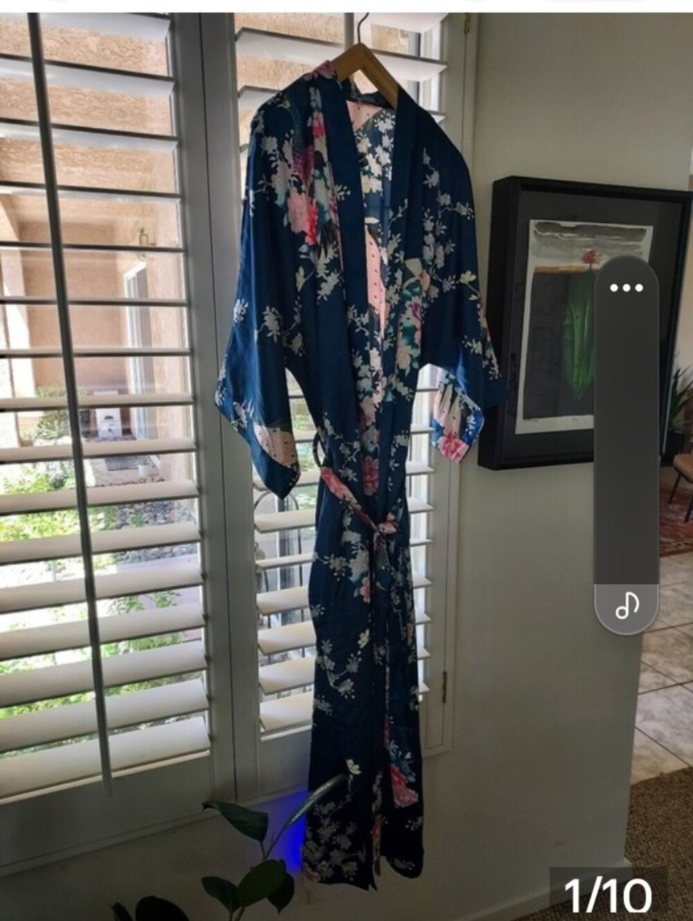 Kim + Ono Long Royal Blue Floral Satin Kimono Robe / Like New - Picture 5 of 9